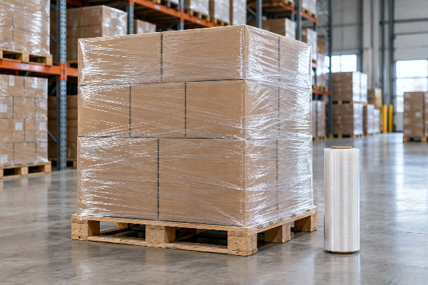 Pallet de cajas protegido con film stretch transparente y una bobina de película estirable